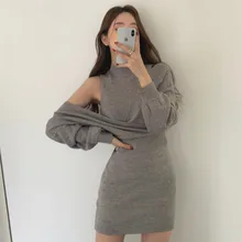 Conjunto de dos piezas de punto para mujer, suéter con hombros descubiertos, vestido de fondo, estilo Retro francés, para primavera y verano, 2021 (1)