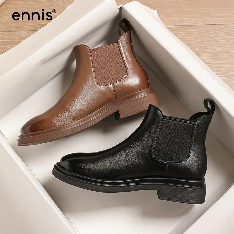 

ENNIS Autumn Shoes Brand Designer Women Boots Black Brown Retro Chelsea Boots Genuine Leather Ankle Boots Flat Shoes Female 2021