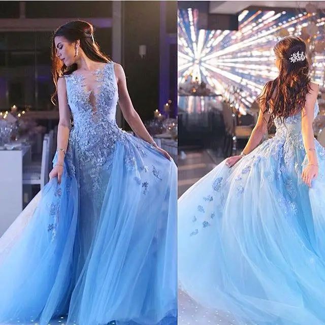 Princess Sky Blue 3D Flower Long Evening Dresses With Detachable Train Lace Beaded Mermaid Prom Gowns Tutu Formal 2019 | Свадьбы и