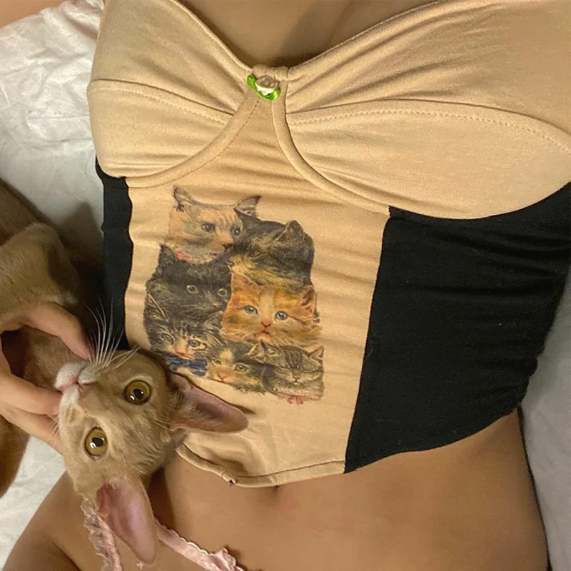 European and American sexy irregular sling short umbilical cat print cute tight-fitting slimming inner vest trend