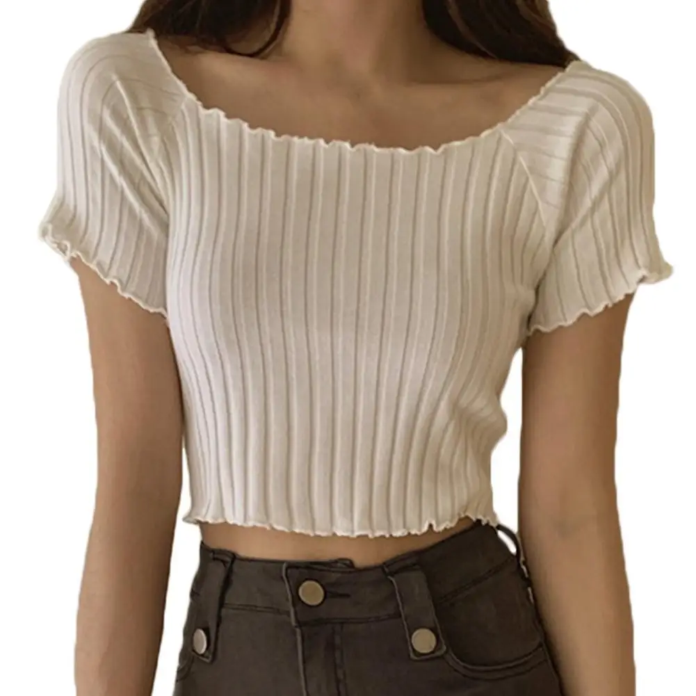 T-shirts-Top corto ajustado de manga corta con hombros descubiertos para mujer, Camiseta de punto, blusa que combina con todo, moda para mujer 2021