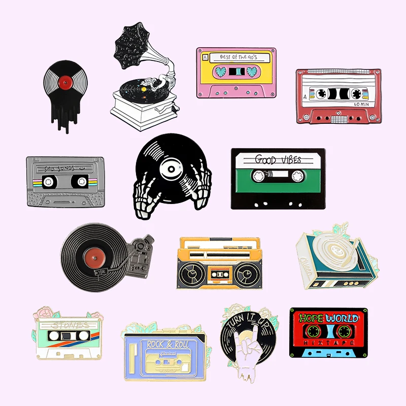 Music Lovers Enamel Pins Tape Cassette DJ Vinyl Record Player Badge Brooches Lapel Pin Gothic Jewelry Gift for Friends Wholesale images - 6