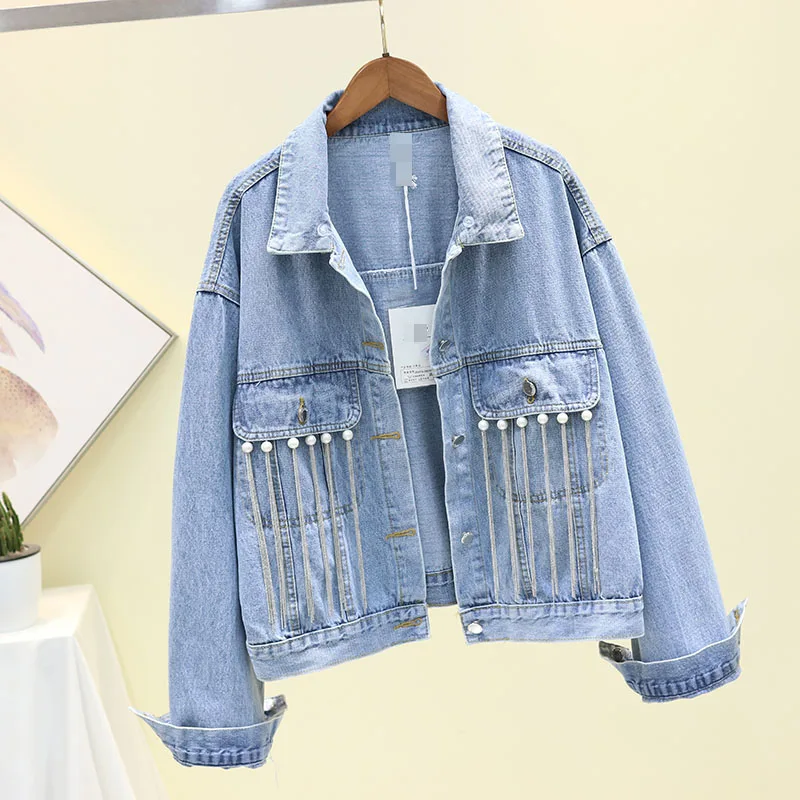 Женское джинсовое пальто свободное короткое в ковбойском стиле с бусинами и