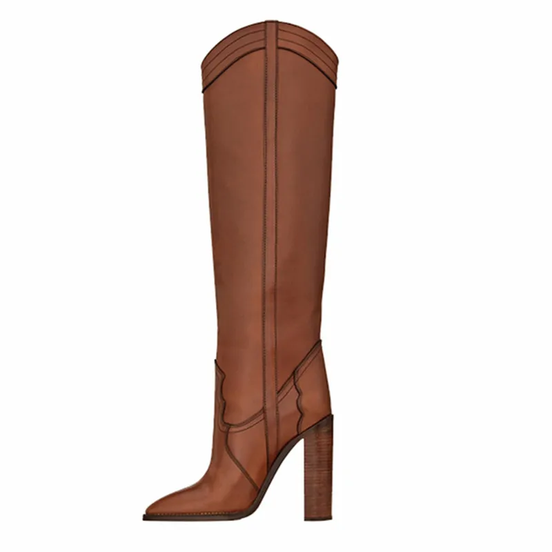 

Large Catwalk Model Fall New Knee-High Boots High Quality Genuine Leather Long Boots Pointed Square Heel Women Shoes 9.8cm