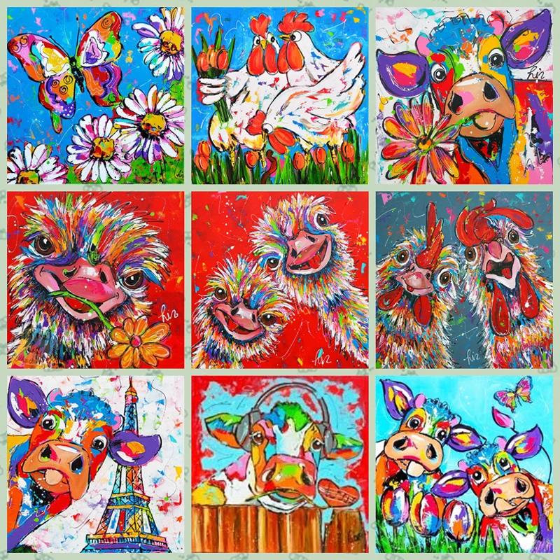 

5d Diamond Painting Color Cow Chicken Ostrich Butterfly Picture Full Diamond Mosaic Rhinestone 3D Embroidery Watercolor Cartoon