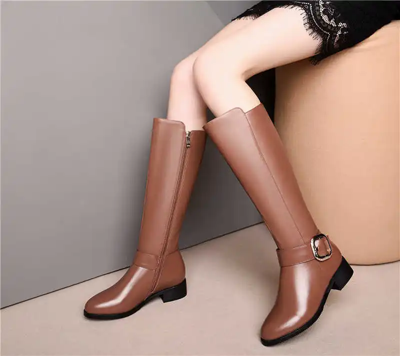 Smirnova/Большие размеры 34-45, модные ботинки из искусственной кожи и коровьей кожи сапоги до колена с круглым носком женские осенне-зимние ботинки на среднем каблуке, женские боты для верховой езды