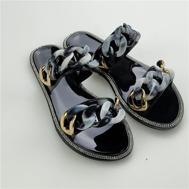 

Summer Sandals Flat Open Toe Jelly Shoes Outdoor Casual Slippers Fashion Chain Decoration Plus Size