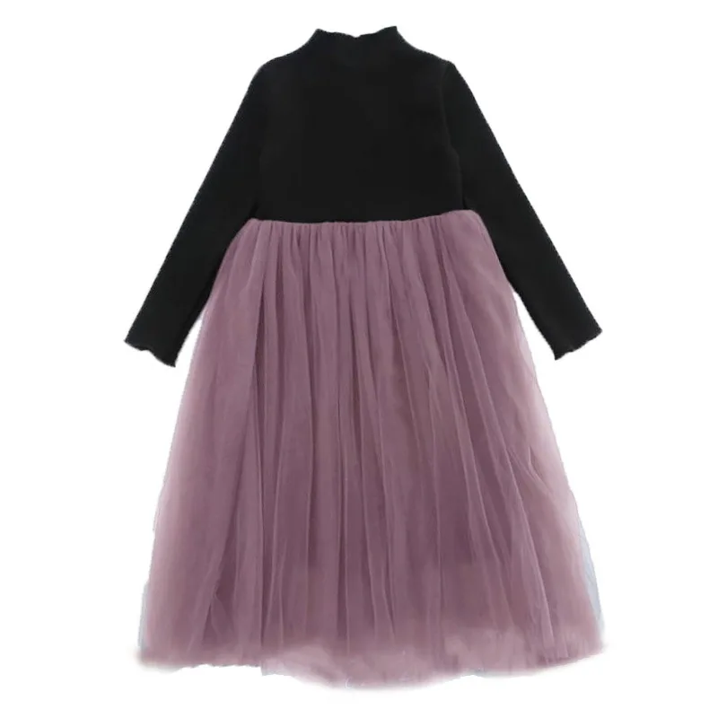 Girls Spring Dress Solid Color Long Sleeve Dresses for Party Show Kids Patchwork Mesh Dress Princess Ball Gown Children Clothing