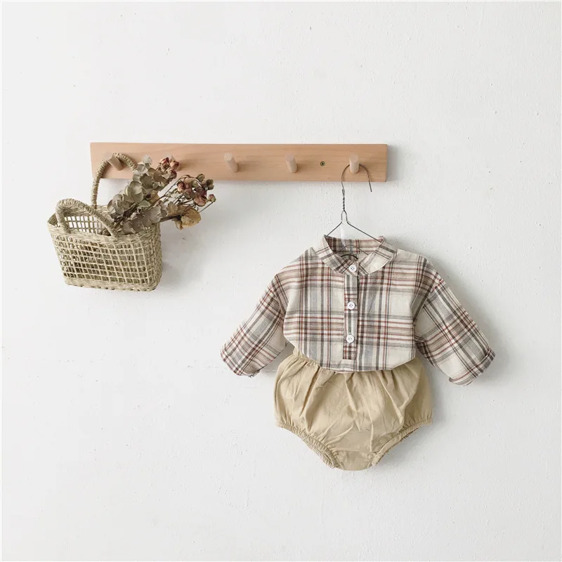 Осенний детский комбинезон для маленьких мальчиков и девочек клетчатая футболка