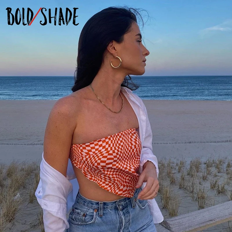 

Bold Shade Grunge Fashion 90s Style Tank Tops Plaid Strapless Satin Streetwear Backless Crop Tube Top Hot Sexy Indie Clothing