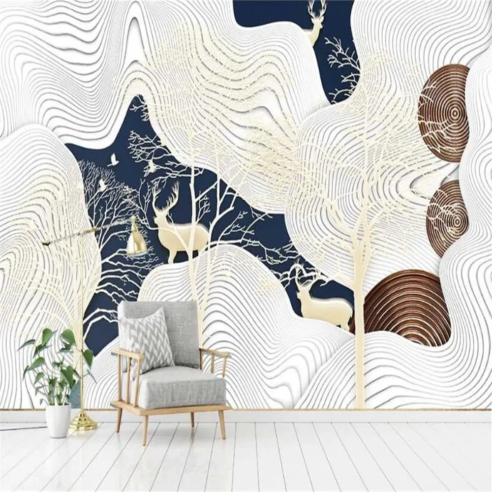 

Milofi custom wallpaper mural 3D printing non-woven three-dimensional forest elk abstract lines living room TV background wall