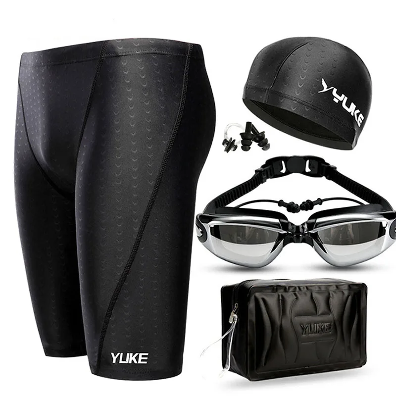 

Men's Swimwear Five-point Quick-drying Waterproof Swimwear Men's Large Size Shark Skin Swimsuit Swimming Cap Goggles Suit