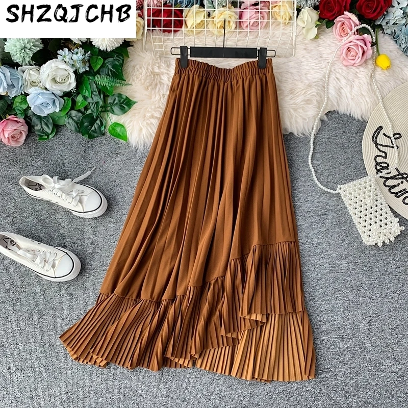 

JCHB 2021 Women Pleated Skirt Spring Summer A Line Long Skirt Green korean Skirts Womens Faldas Mujer Moda KJ4232