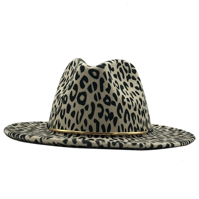 Simple Unisex Flat Brim Wool Felt Jazz Fedora Hats Men Women Leopard Grain Leather Band Decor Trilby Panama Formal Hats