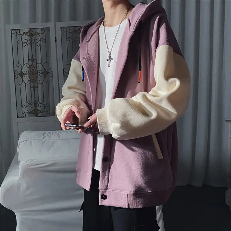 

Men Streetwear Korean Loose Hoodie Jacket Mens Spring Cardigan Hoodies Men's Fashion Contrast Color Casual Hooded Sweatshirt