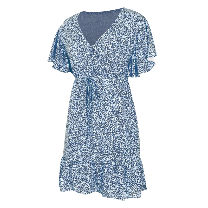 

Hot kf-Women Floral Beach A-Line Ruffles V Neck Short Sleeve Boho Dress