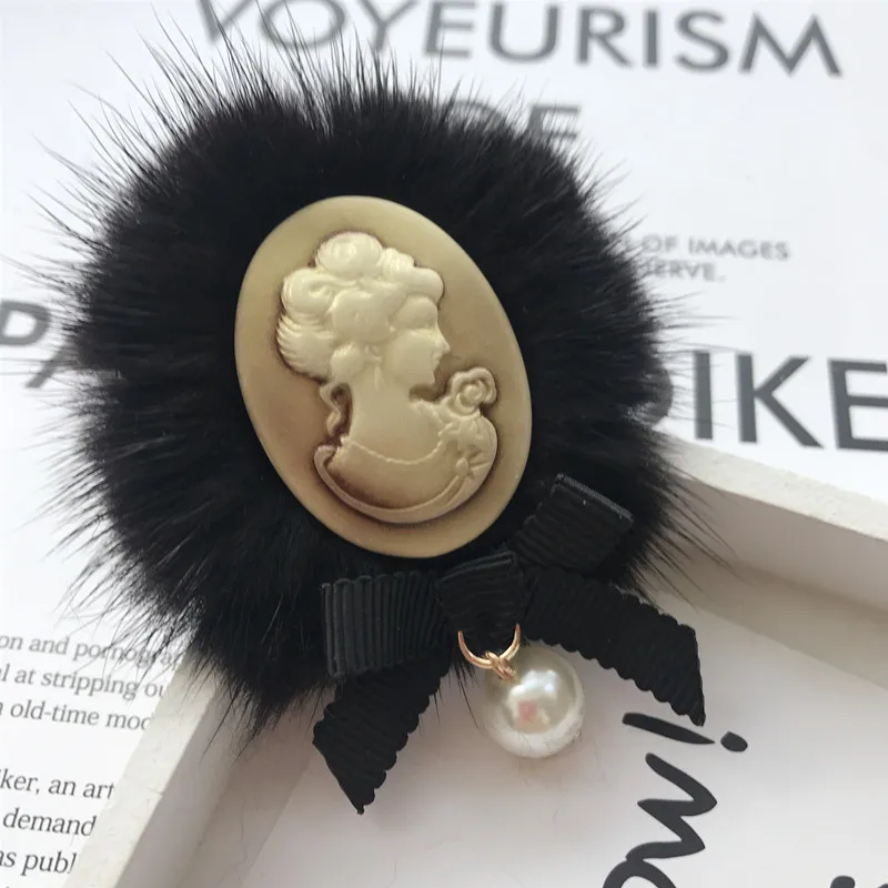 

New Vintage Mink Hair Ball Brooch Beauty Head Bow Lapel Pin Shirt Collar Brooches Hat Bag Clothing for Women Accessories