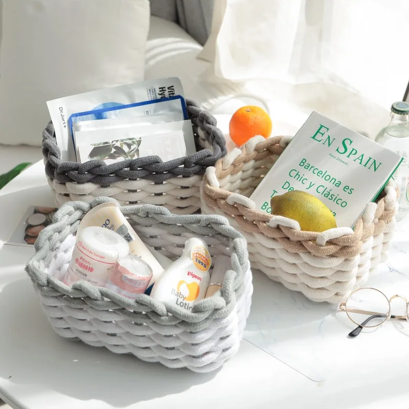 

Nordic Cotton Line Hand-woven Storage Basket Coarse Rope Simple Desktop Organizer Box Baby Toy Snack Key Cloth Cosmetic Sundries