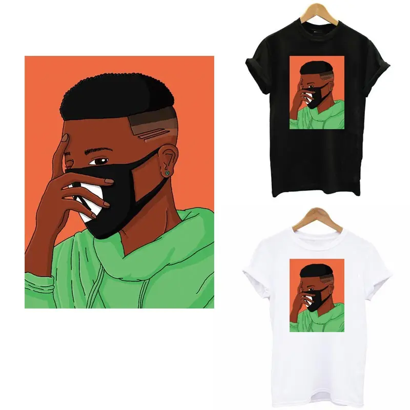 

Mask Black Boy Iron On Heat Transfer For Clothing DIY A-Level Washable Patches Sticker On Clothes Fashion Men Applique Decor