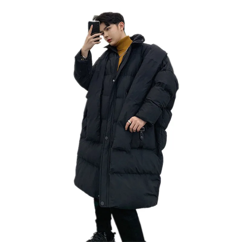 

2019One size!!Winter style personality spell leather design men's long section loose lazy hooded cotton coat tide men's jacket.