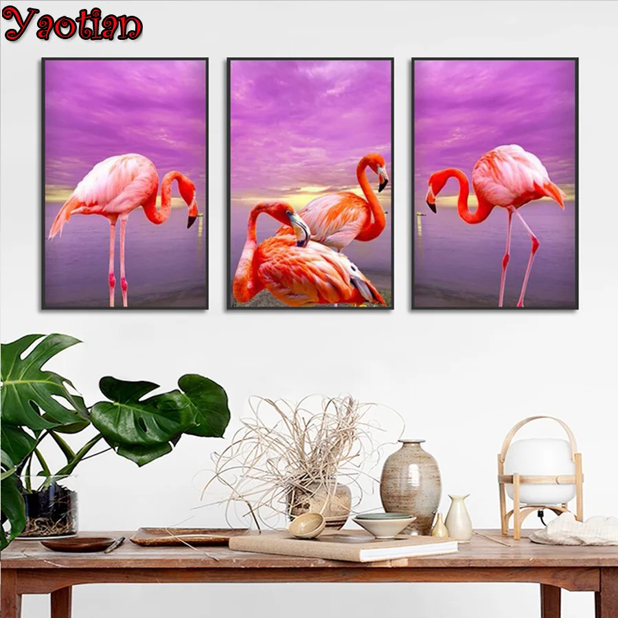 

Diy 5d 3 Pieces diamond mosaic diamond painting Flamingo Pink Sea Landscape cross stitch 3d embroidery full round drill art ,