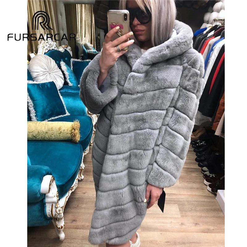 

FURSARCAR 2021 New Fashion Genuine Natural Rex Rabbit Fur Long Coat With Real Fur Hood For Women Winter Luxury Warm Outerwear