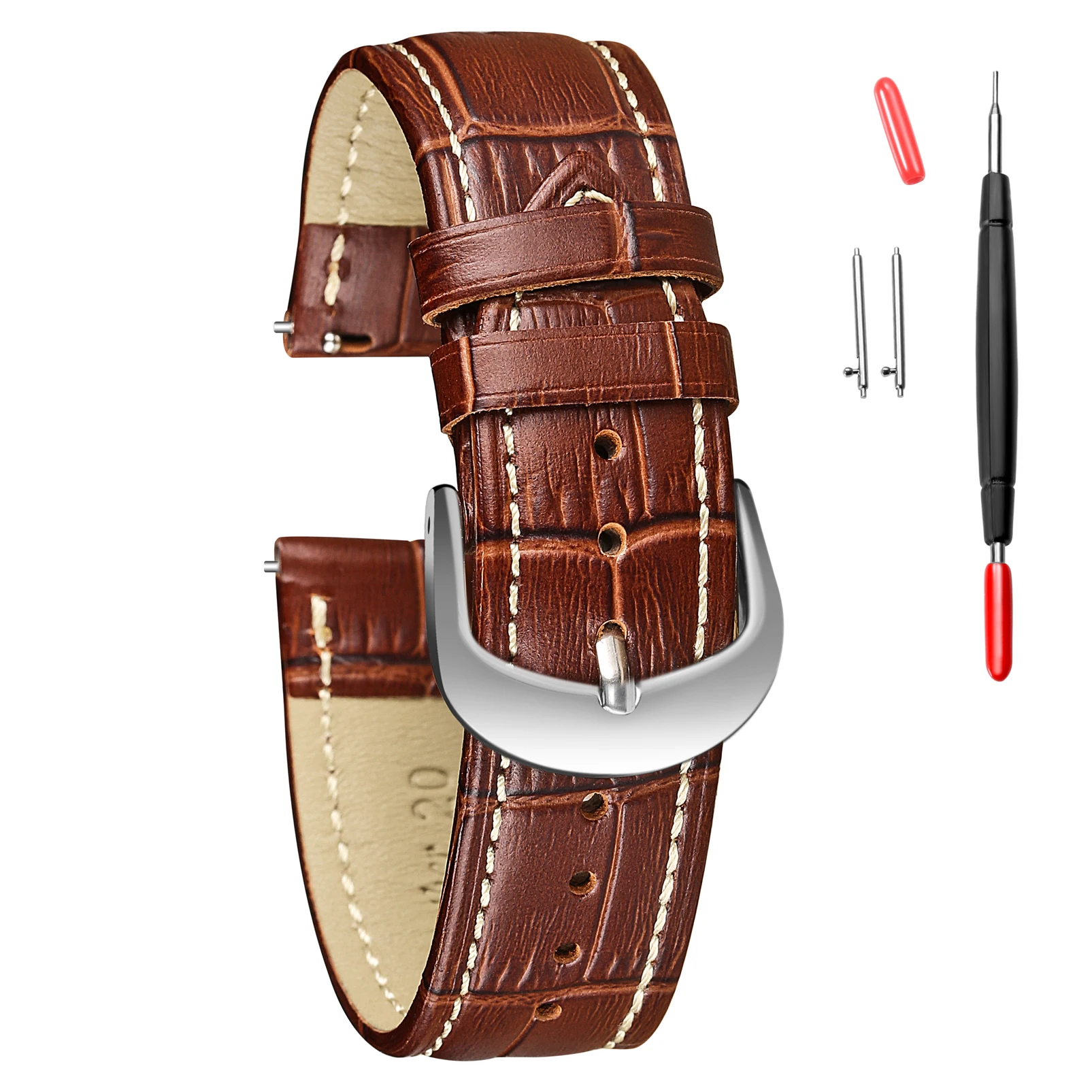 Alligator Embossed Leahter Watch Band Quick Release Brown White Stitch Top Grain Replacement Watches Strap 16mm 18mm 20mm 22mm | Наручные