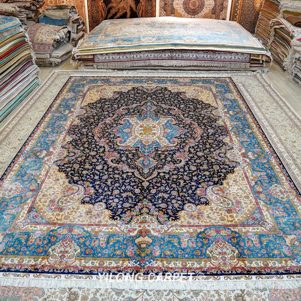 Восточные шелковые коврики Yilong 10 'x 14' персидский медальон большой синий