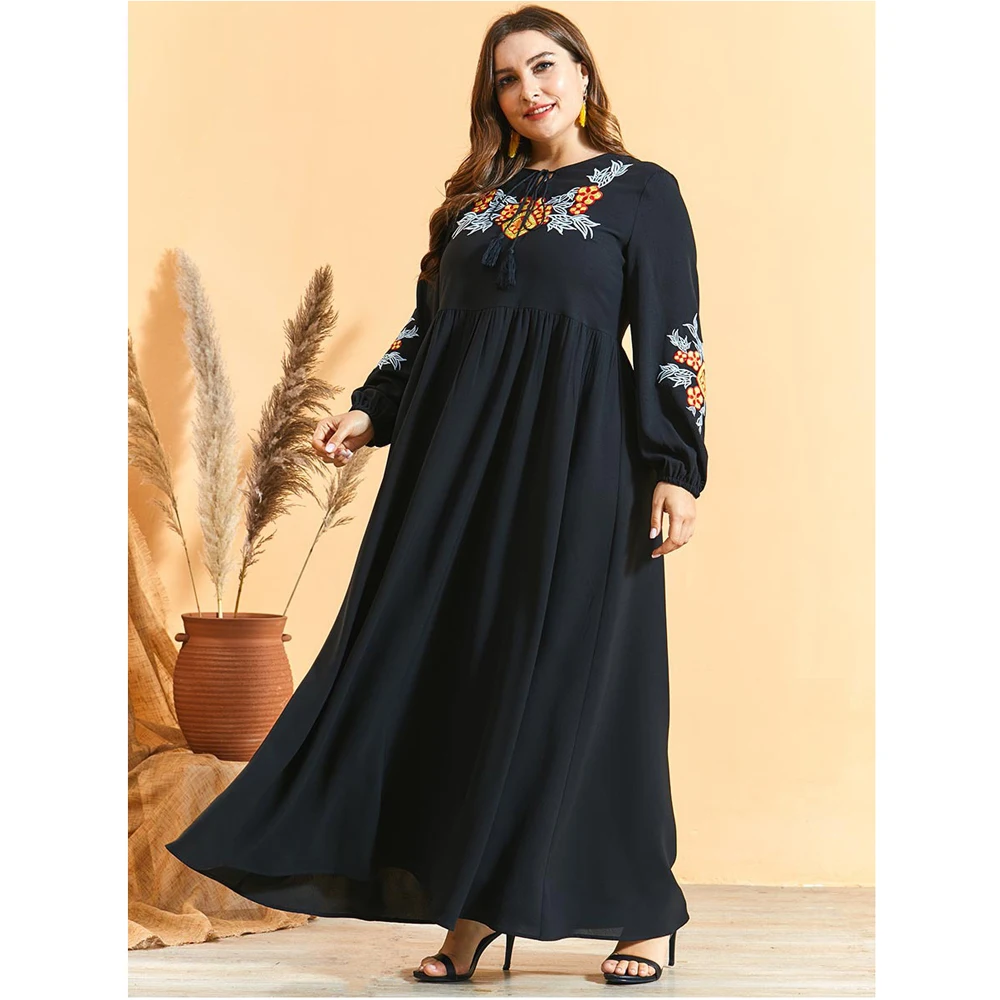

Black Embroidery Women Casual Muslim Abaya Plus Size Maxi Dress Dubai Kaftan Islam Clothing Turkish Caftan Party Gown Arab Robe