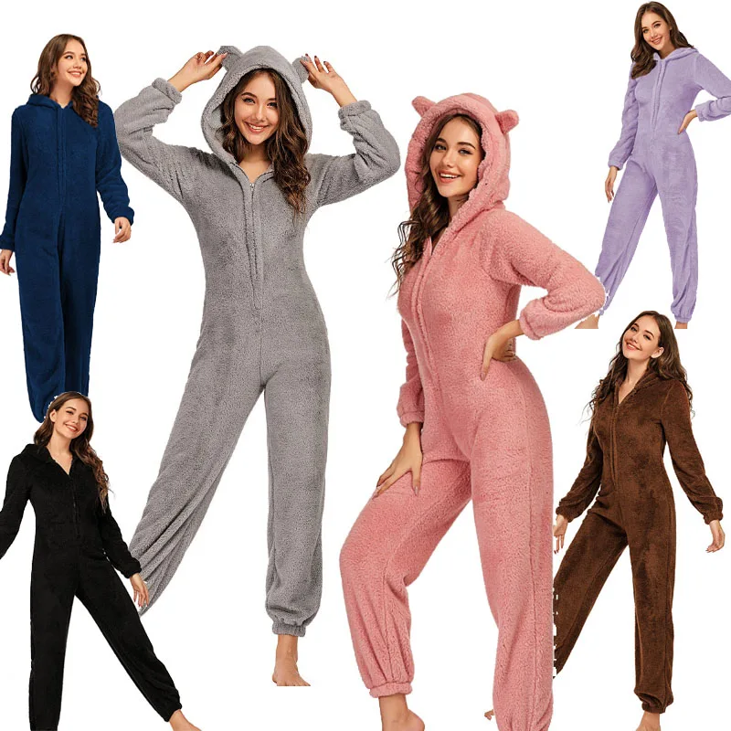 

Winter Warm Pyjamas Women Onesie Fluffy Fleece Jumpsuits Sleepwear Overall Plus Size Hooded Sets Pajamas For Women Adult 5XL