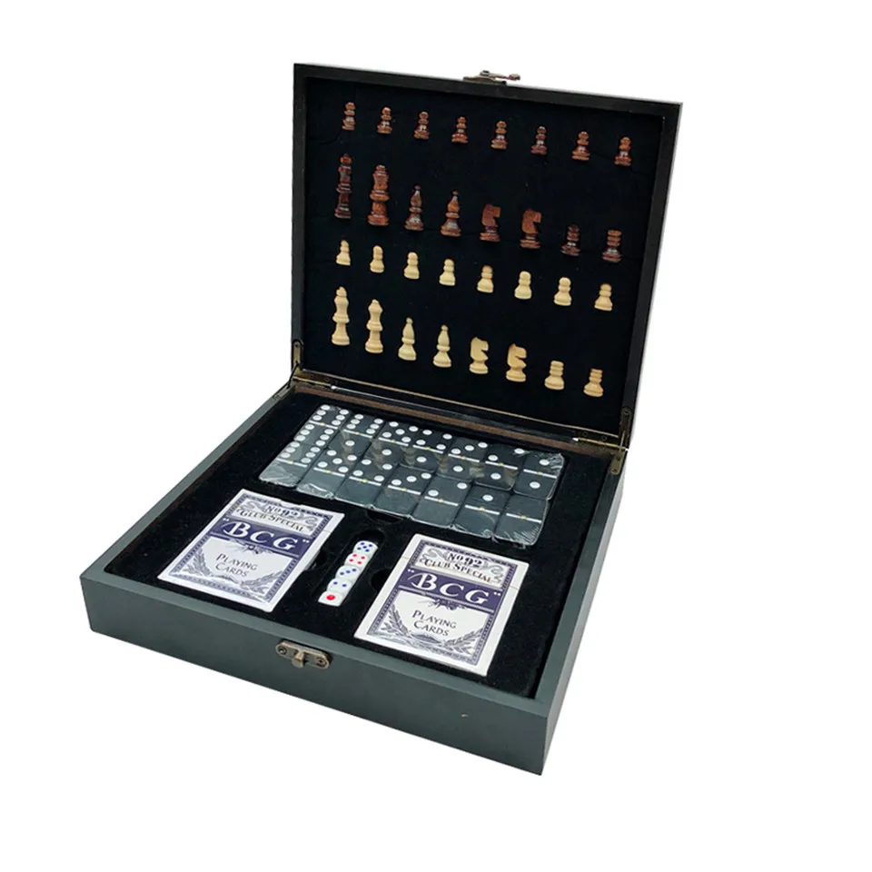 BSTFAMLY Folding Carving Wooden Chess Set Portable Game Poker Domino Dice 4 in 1 Family or Outdoor Entertainment I63 | Спорт и