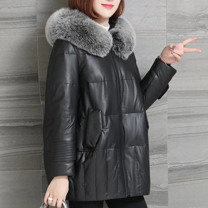 Женская кожаная рубашка Высококачественная свободная меховая шапка с