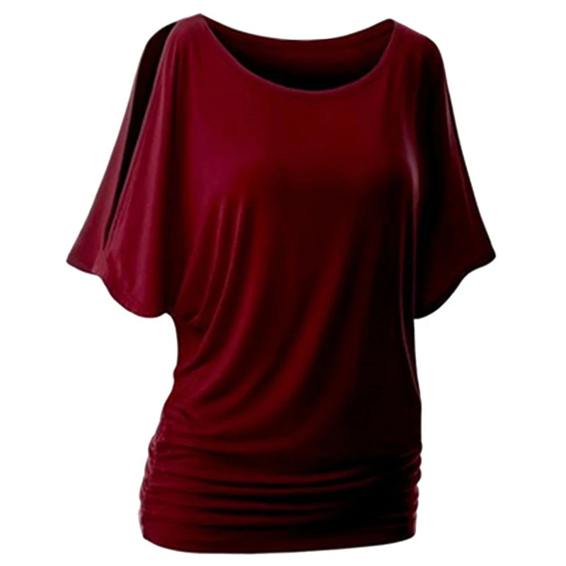 Wine red LOOZYKIT, 5XL размера плюс, Женская Повседневная летняя футболка,, короткий рукав, холодное плечо, перо, принт, топы, футболка, женская, Camisetas - Цвет: Wine red