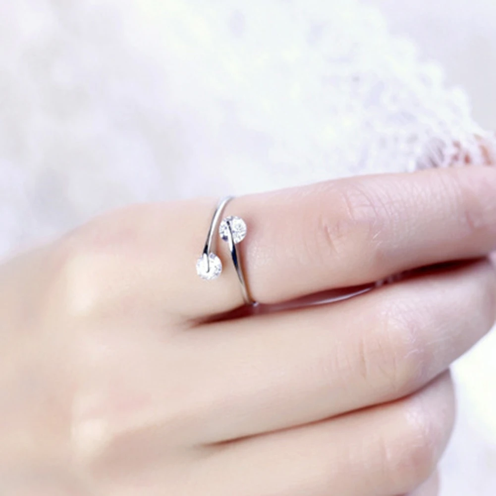 

Temperament Women's Double Rhinestone Quality Ring Women's Adjustable Opening Silver Plated Rings Charm Female Jewelry