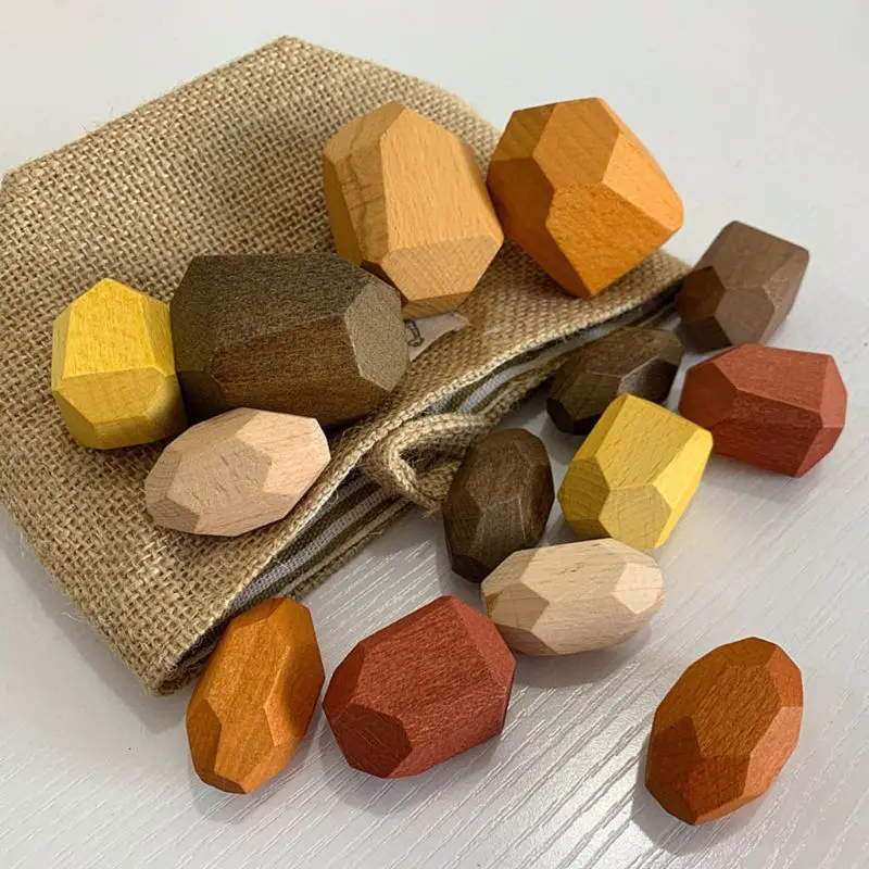 

15 Pcs Children Wooden Colored Stone Stacking Game Building Block Kids Toys Gift