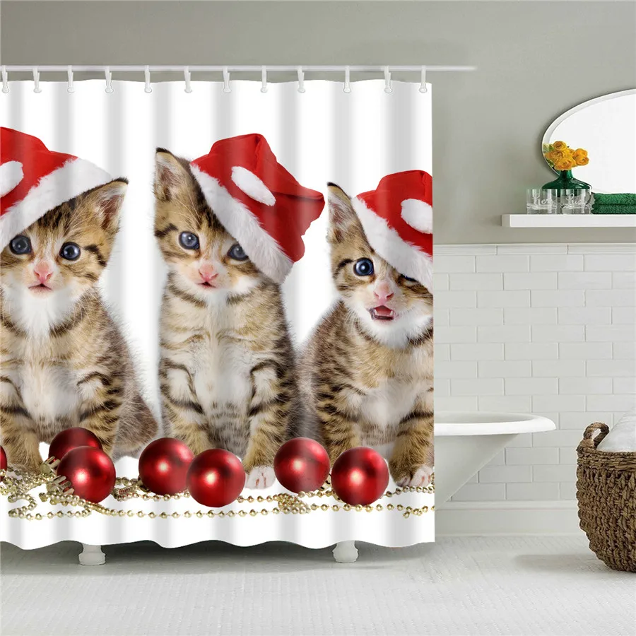 

Cute Merry Christmas Cat Shower Curtains Xmas Decoration Bathroom Curtain Fabric Polyester Curtains For Room Bath Living Room