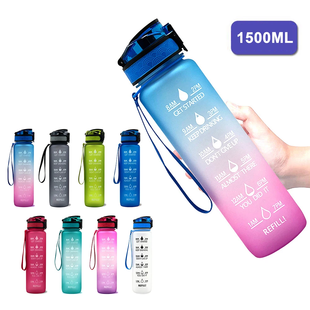 

1.5L Спортивная бутылка для воды с Ёмкость маркером времени без добавления бисфенола А герметичный многоразовый питьевой воды чайник для кем...