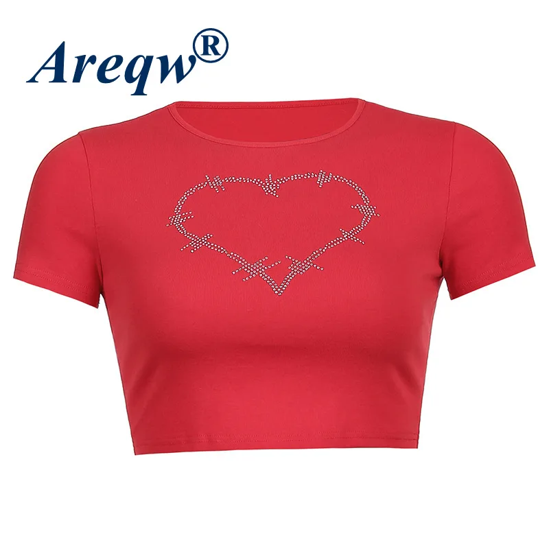 

2021 New Women's Short Love Hot Diamond Short-sleeved T-shirt Women's Slim Bottoming Round Neck Top
