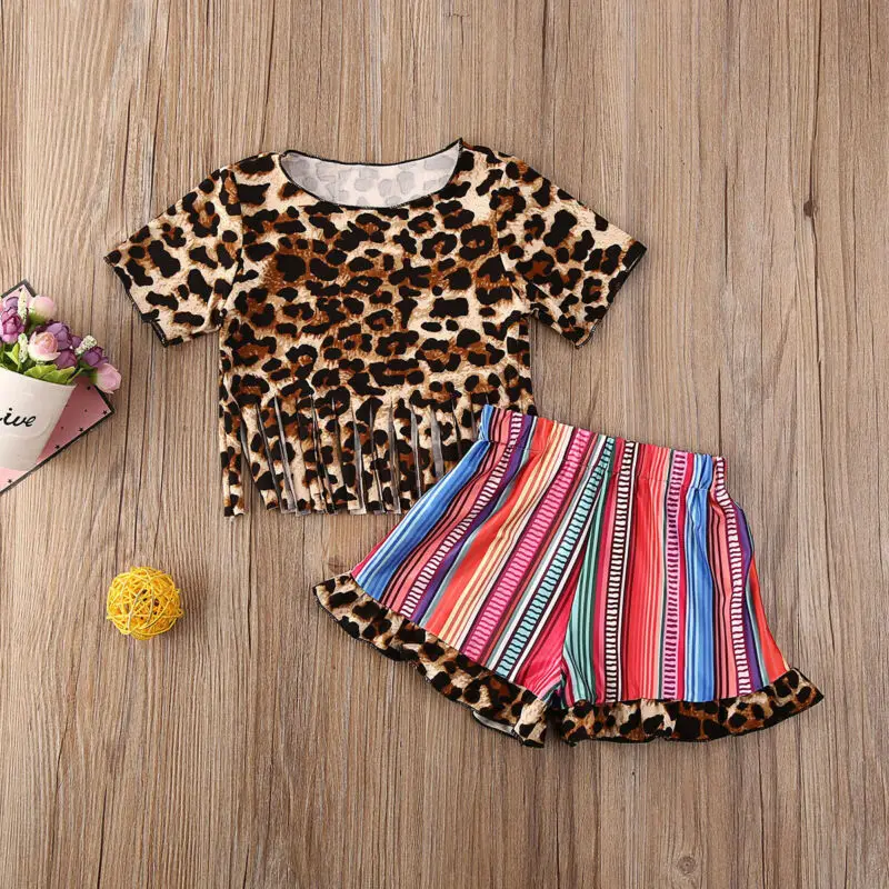 Одежда с леопардовым принтом для маленьких девочек 1 4 лет футболка бахромой