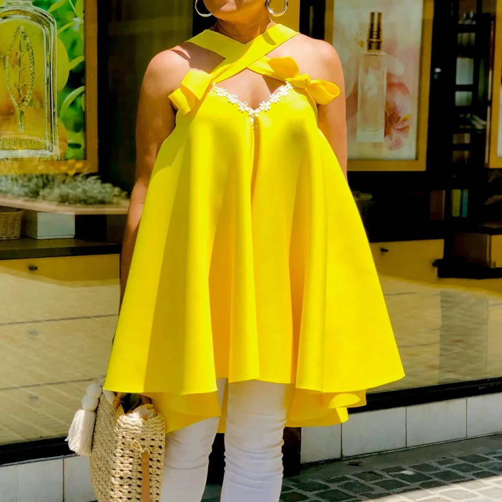 

Летняя желтая блузка без рукавов с лямкой на шее для женщин для отпуска 2021 сексуальный женский пуловер Свободный с открытой спиной пляжная ...