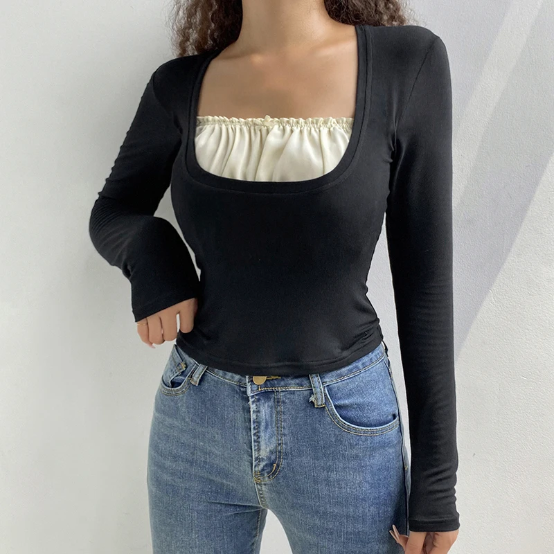 

WeiYao Autumn 2021 Black Woman Tshirts Contrast Patchwork Shirring Square Collar Elegant Fashion Long Sleeve Basic Top Tees