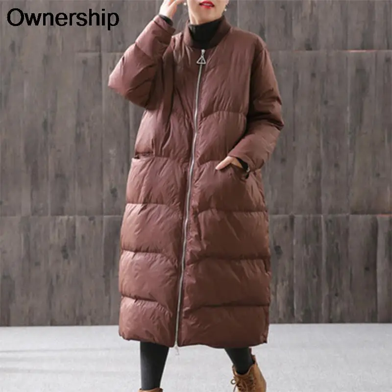 

2021 Winter White Duck Down Jacket Women Zipper Long Puffer Coat Elegant Black Parka Warm Snow Outwear Overcoat Female Robe