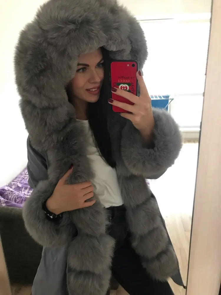 Maomaokong серый натуральный Лисий мех пальто Женская мода натуральный мех пальто длинные парки Зимняя черная парка