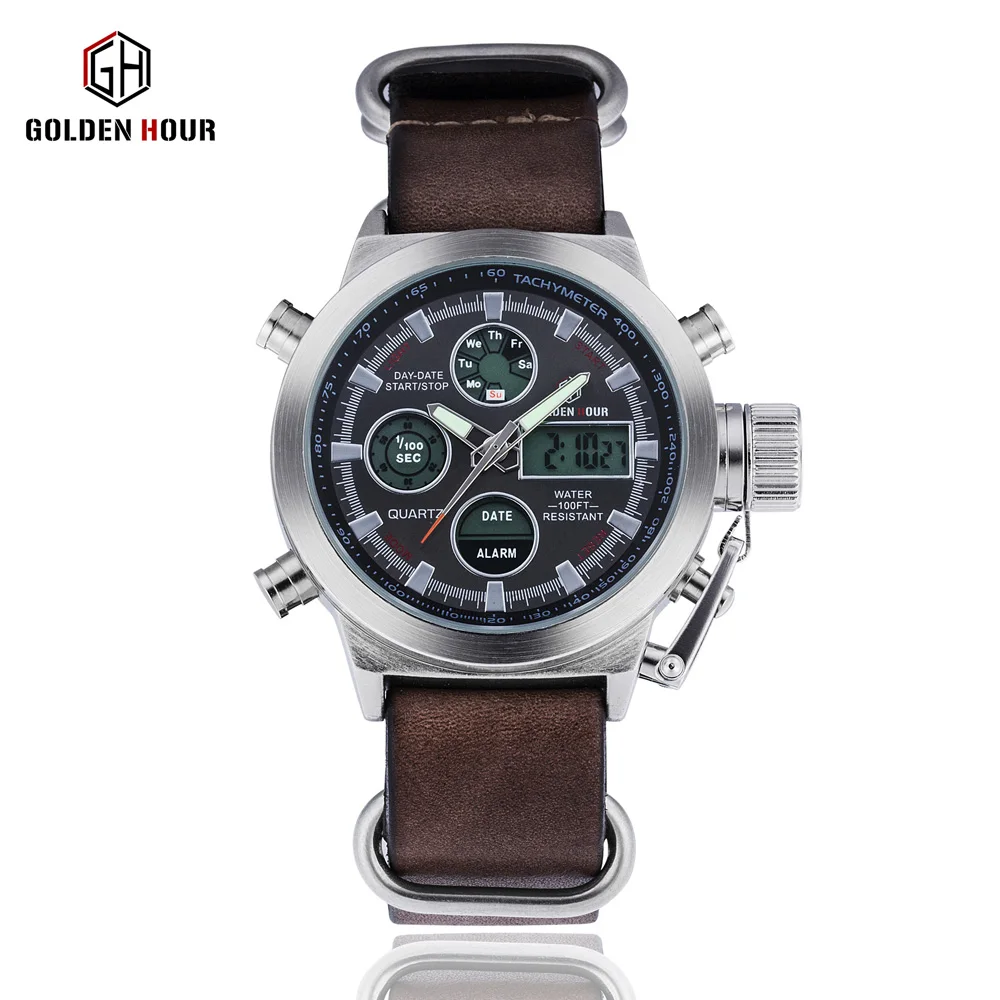

Men Watch Luxury Genuine Leather Dual Display Relogio Masculino Waterproof Quartz Big Brand GOLDENHOUR Sport Wristwatch Mens