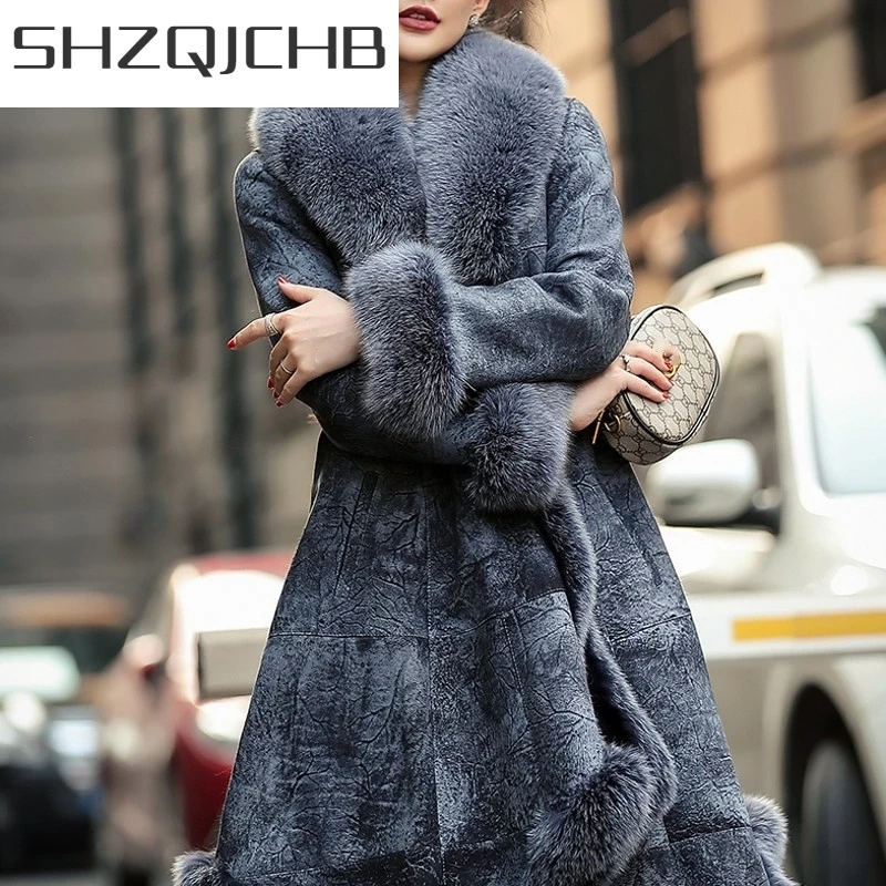 

JCHB 2021 Fashion Double-Faced Fur Fox Fur Collar Womens Long Slim V-Neck Natural Color Belt Real Fur Winter Thick Rabbit Skin C