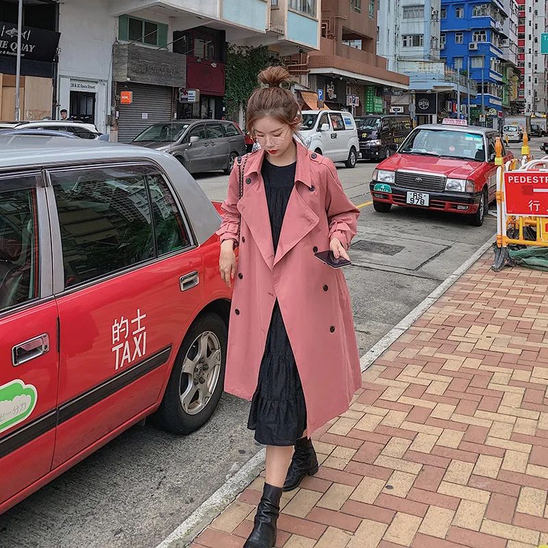 Розовый свободный длинный двубортный Тренч женский с широкой талией