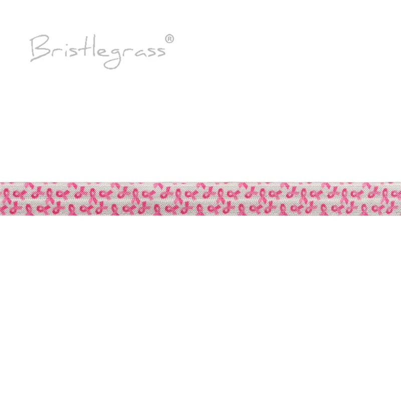 BRISTLEGRASS 100 Yard by Roll 5/8&quot 15mm Pink Breast Cancer Awareness Print FOE Fold Over Elastic Spandex Satin Band Dress Sewing |