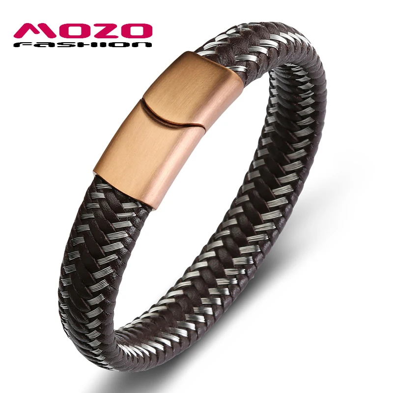 

Fashion Men Steel Wire & Leather Braided Rope Bracelet Stainless Steel Magnetic Clasp Bangle Male Jewelry PS2112