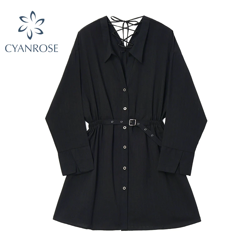 

Hepburn Styel Dress For Women Long Sleeve Autumn Vintage V-Neck Bandage Slim-Waist Design Black Gothic Shirt Dress Female