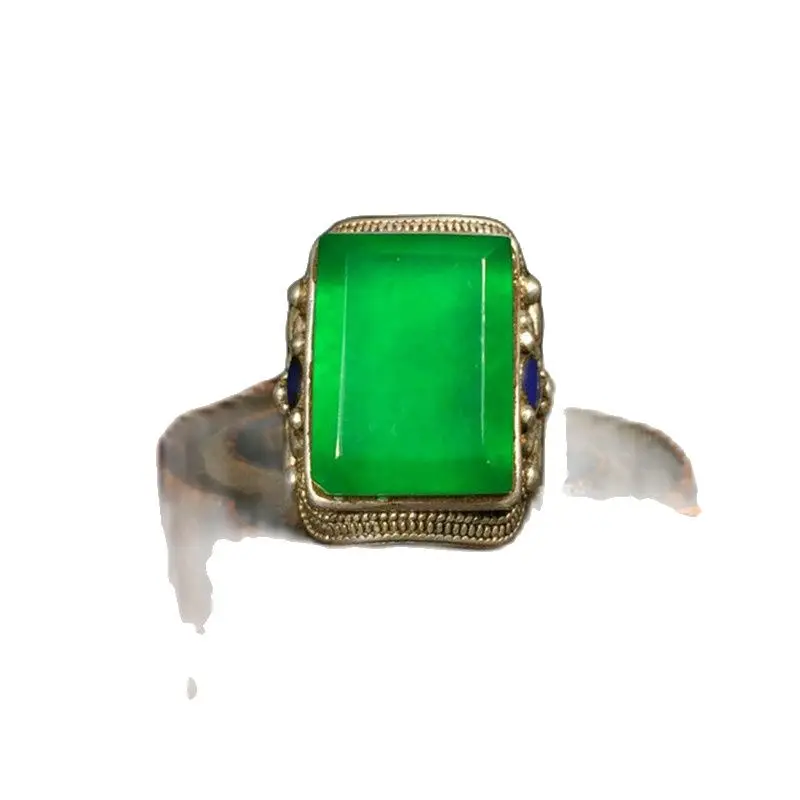 

Qing Dynasty old jadeite jade ice seed square ring face inlaid with silver ring